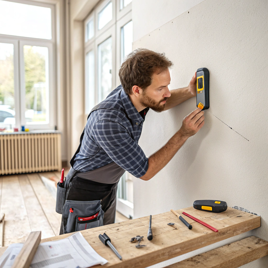 Мужчина проверяет стену строительным металлодетектором перед сверлением, чтобы обнаружить скрытую проводку, металлические элементы и коммуникации во время ремонтных работ.
